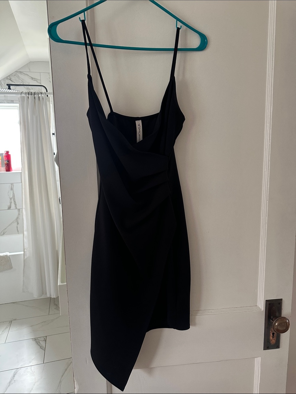 Black Asymmetric Slip Dress with Draped Front